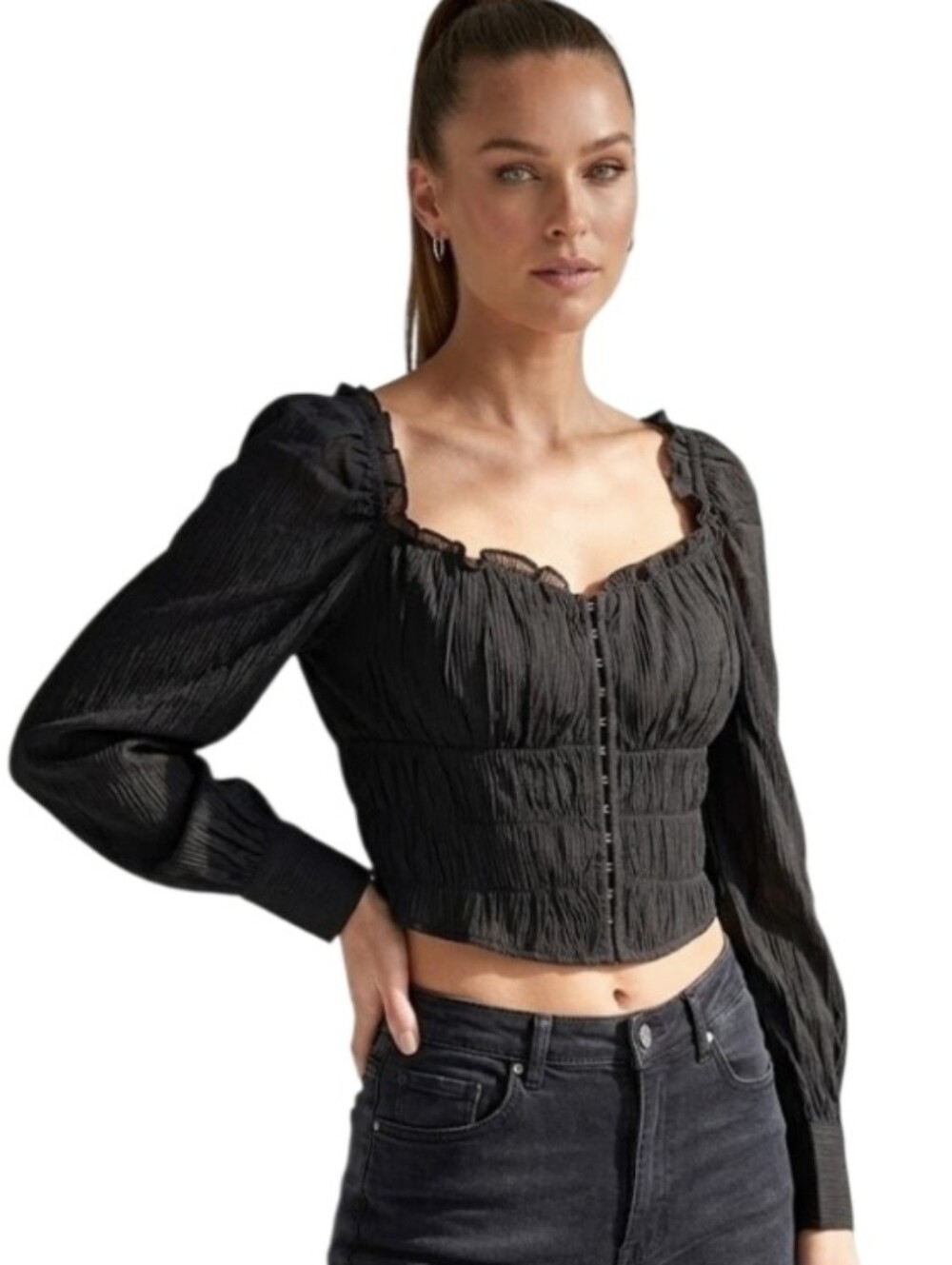 Astra Black Smocked Square-Neck Cropped Top NWT